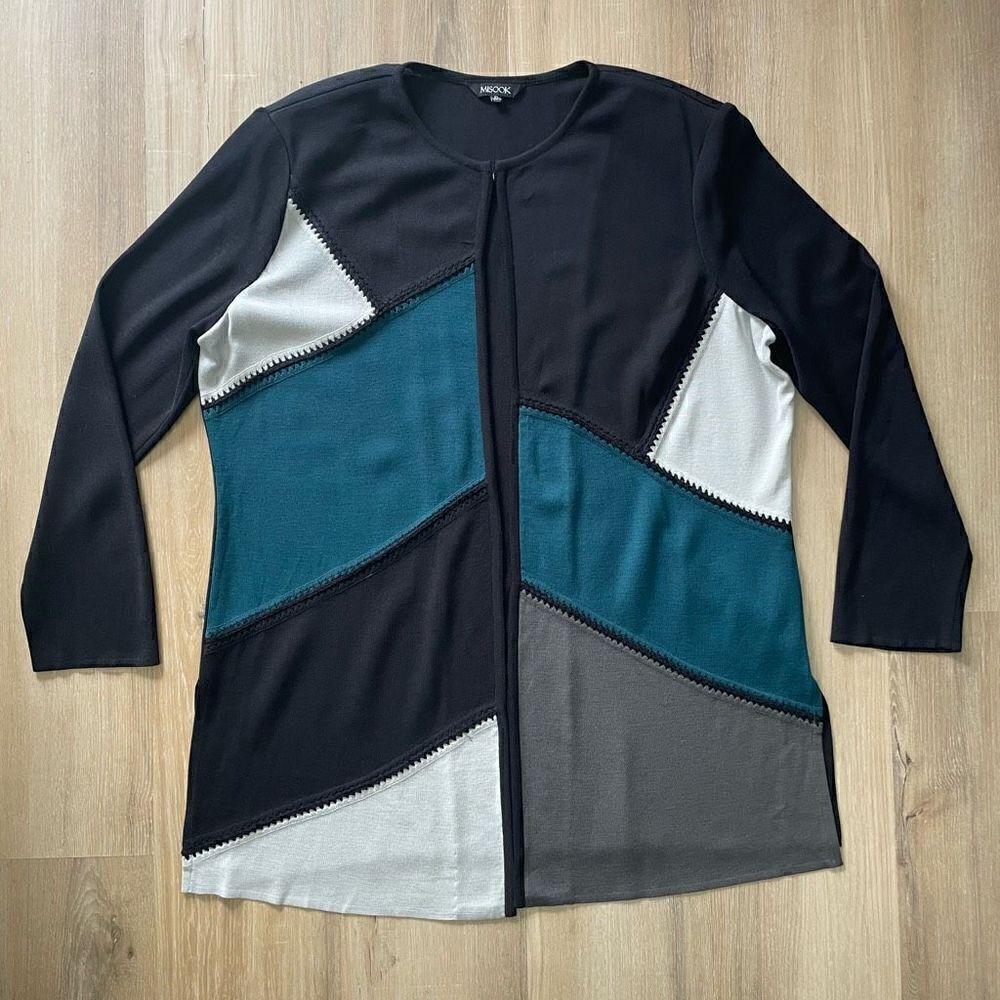 Misook Colorblock Whipstitch Knit Cardigan Sweater Women’s XL Black Blue